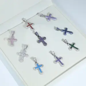 HipHop Colorful Blue Pink Purple Fashion Cz Cross Pendant Necklace Iced Out Bling 5A Cubic Zirocnia Paved Men Women Jewelry