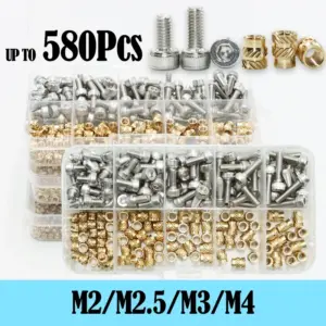 M2 M2.5 M3 M4 Brass Threaded Insert Nut and 304 Stainless Steel Hexagon Hex Socket Head Cap Bolt Screw with Heat Knurled Nut Kit