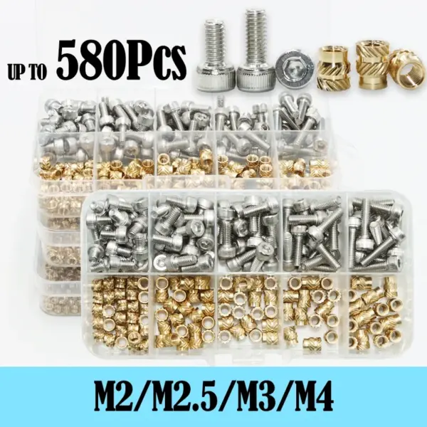 M2 M2.5 M3 M4 Brass Threaded Insert Nut and 304 Stainless Steel Hexagon Hex Socket Head Cap Bolt Screw with Heat Knurled Nut Kit