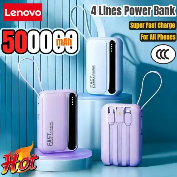 Lenovo 120W 500000mAh Power Bank Large Capacity 4 In1 Cables Intelligent Digital Display Light Portable Powerbank For iPhone New