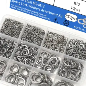 850-piece stainless steel spring washer set, M2-M12 metric spring washers, suitable for screws and bolts, 10 common sizes.