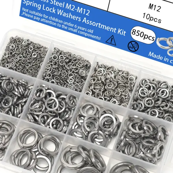 850-piece stainless steel spring washer set, M2-M12 metric spring washers, suitable for screws and bolts, 10 common sizes.