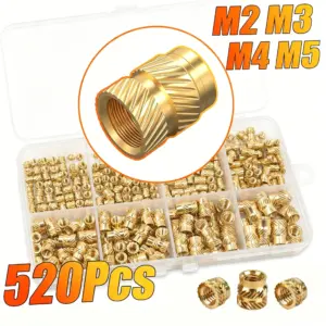 520Pcs Brass Threaded Inserts Kit M2 M3 M4 M5 Hot Melt Heat Set Knurled Nuts for 3D Printer Parts & Plastic Fasteners