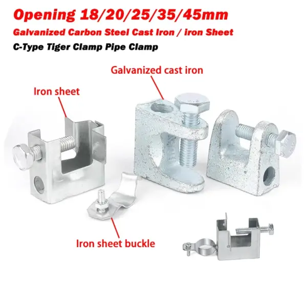 Galvanized Carbon Steel Cast Iron C-Type Tiger Clamp Pipe Clamp Opening 18/20/25/35/45mm Fixed Clip Clamps Steel Lifting Fixture