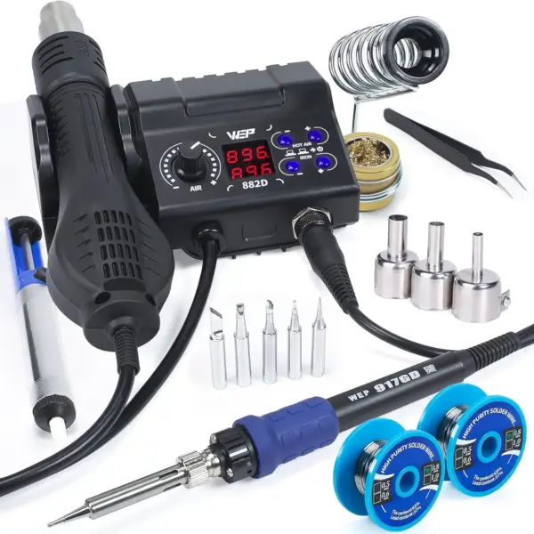 2-IN-1 Soldering Iron and Hot Air Rework Station with Solder Wire, Tips, Nozzles, Cleaner, Tweezers, Pump for Electronics Repair
