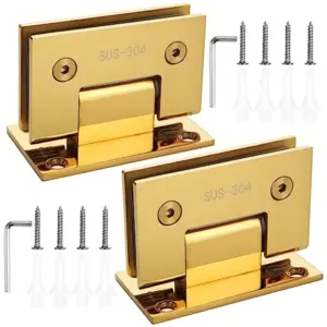 2 Pcs Heavy Duty 304 Stainless Steel 90 Degree Glass Door Hinge, Gold Finish - Corrosion Resistant Bathroom Hinge with Screws