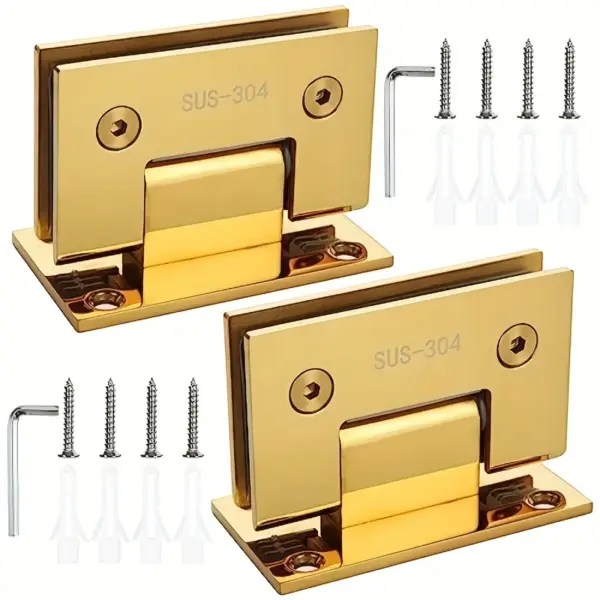 2 Pcs Heavy Duty 304 Stainless Steel 90 Degree Glass Door Hinge, Gold Finish - Corrosion Resistant Bathroom Hinge with Screws