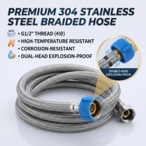 304 Stainless Steel Braided Hose, G1/2" Flexible Water Line, High Pressure Explosion-Proof Connector Water Inlet Hose
