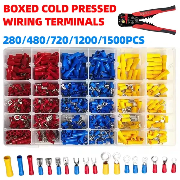 280-1500pcs Cold Pressed Wiring Terminal Combination Box with Crimp Spatula Butt Ring Fork Kit Ring Lug Rolled Terminal Kit