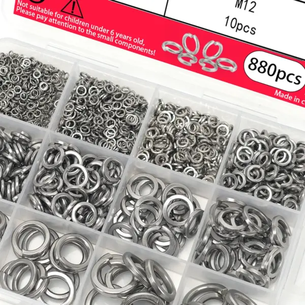 Stainless steel spring lock washers, 880pcs washer set, open-type lock washers, spring washers, for bolts, screws and machinery.