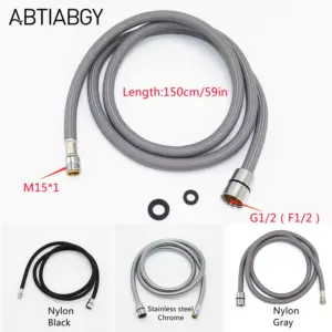 F1/2 M15*1 Nylon Braided Flexible Hose Stainless Steel Hose Kitchen Faucet Pull Out Hose Silica Gel Inner Tube Gray Black Chrome