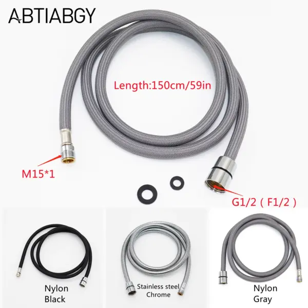 F1/2 M15*1 Nylon Braided Flexible Hose Stainless Steel Hose Kitchen Faucet Pull Out Hose Silica Gel Inner Tube Gray Black Chrome