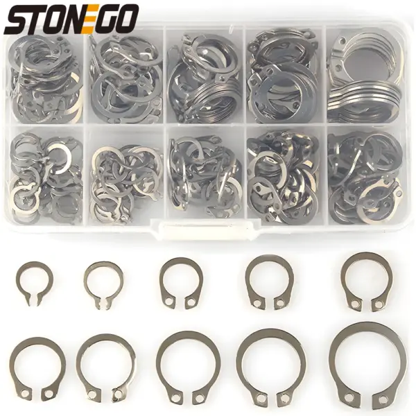 STONEGO Stainless Steel External Circlip Retaining Ring Kit - 304 Stainless Steel - 8-18mm - 100/200pcs - Storage Box Included