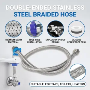 "1/2" 304 Stainless Steel Braided Hose, Double Head Explosion-Proof Hot Cold Water Flexible Pipe for Toilet Heater Faucet