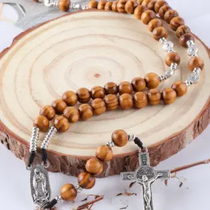 2025 new men's and women's natural wooden cross beads religious hand-woven pendant long necklace party gift