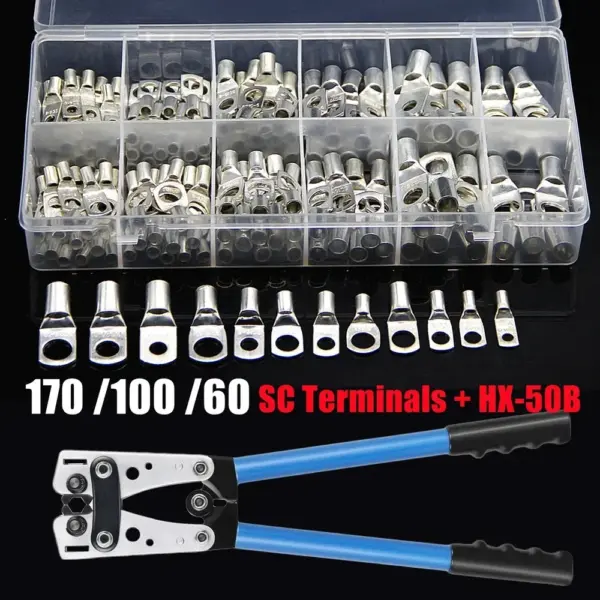 170/60Pcs SC6-6 SC16-8 SC25-8 Bare Copper Lug Terminal Electrical Wire Crimp Connector Kit Ring Battery Terminal or HX-50B Plier