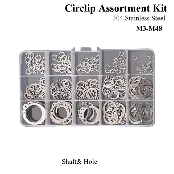 304 Stainless Steel Circlip Kit Shaft Hole Retaining Ring Snap Ring C-Clip M3-M48 Assortment For Automotive Machinery DIY Repair