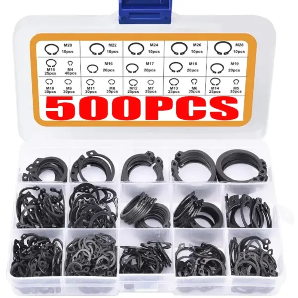 500pcs Washers Assortment Kit Set M4-M28 Black 65mn Steel Retaining Clip Snap Ring C Type External Circlip for Bearing Shaft