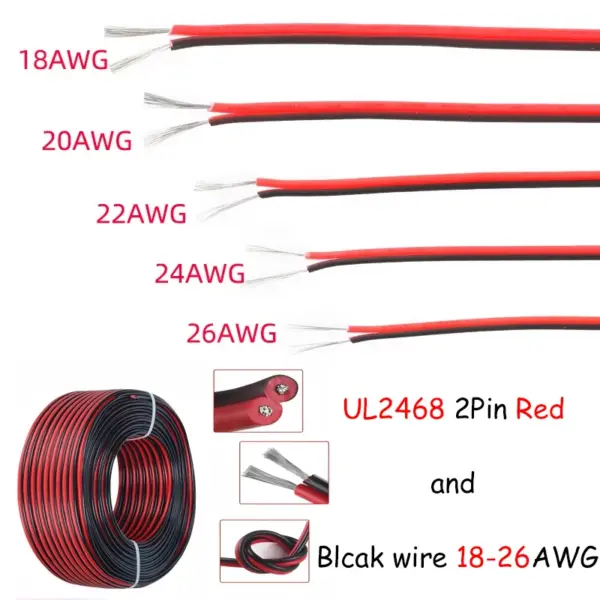 5/10M Red Black Electrical Wire 18/20/22/24/26AWG LED Strip Cable 2 Core Tinned Copper Extension Power Cord For Lighting Audio