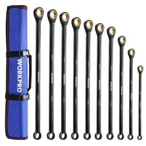 WORKPRO 10pcs 72-Teeth Extra Long Ratcheting Wrench Set Metric 8-19 mm Cr-V Steel and Black Electrophoretic Coating