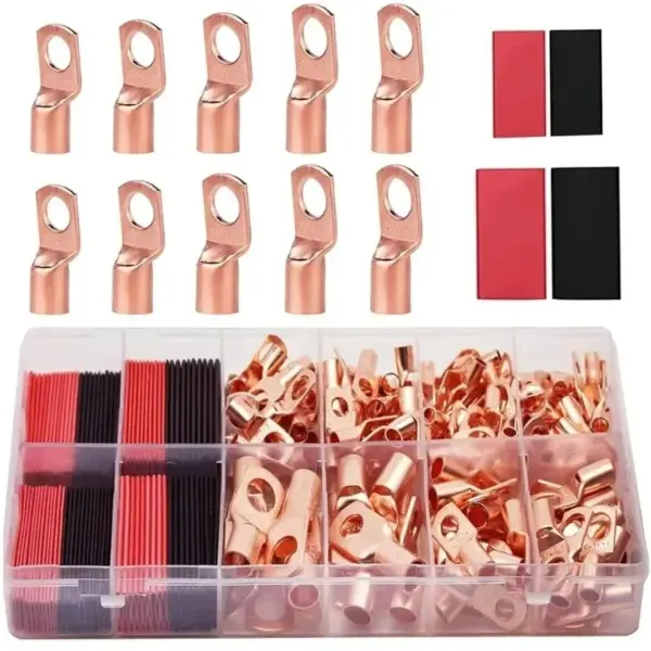 100/220pcs Copper Terminal Connectors, AWG 4 6 8 10 12 Ring  Lug Kit with Shrink Tubing 50 Battery Cable Lugs with 50 Shrink