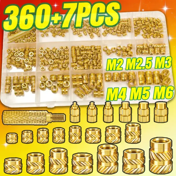 360+7Pcs M2-M6 Brass Threaded Inserts Kit Heat Set Tool Metric Knurled Nuts Fastener for Plastic 3D Printing Accessories