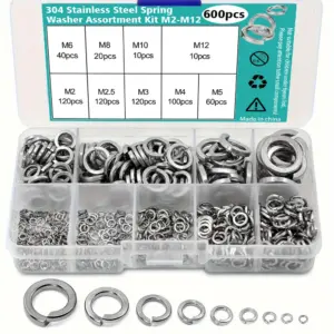600-piece set of 304 stainless steel spring washers - M2, M2.5, M3, M4, M5, M6, M8, M10, M2