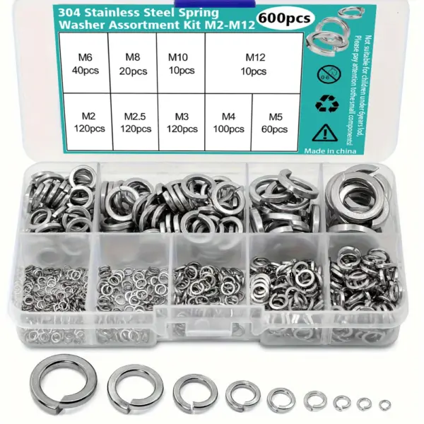 600-piece set of 304 stainless steel spring washers - M2, M2.5, M3, M4, M5, M6, M8, M10, M2