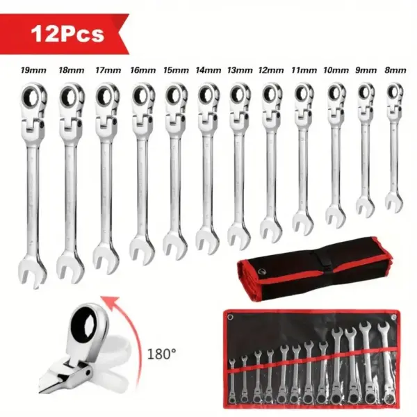 12-Piece Flex-Head Wrench Set, Ratcheting Combination Set, Metric 8-19mm, 72-Teeth,Cr-V Steel Ratchet Wrenches Set with Bag