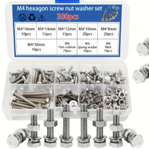 300pcs/M4 Stainless Steel Hex Bolts, Screws, Nuts, Flat Washers, Spring Washers, Hex Screws, Hex Nuts, Nuts, Machine Screws