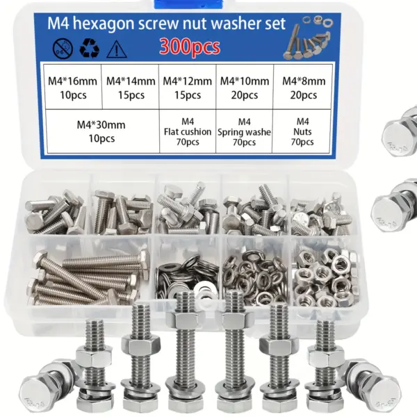 300pcs/M4 Stainless Steel Hex Bolts, Screws, Nuts, Flat Washers, Spring Washers, Hex Screws, Hex Nuts, Nuts, Machine Screws