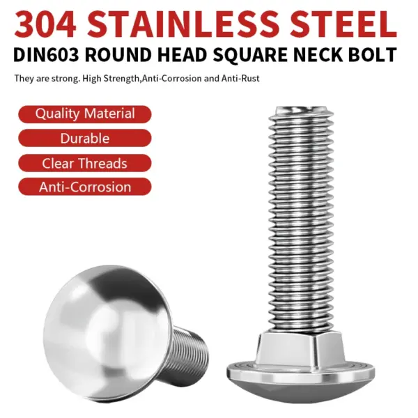 DIN603 Carriage Bolts 304 Stainless Steel Round Head Square Neck Bolt M5 M6 M8 M10 M12 Heavy Duty Hardware Fasteners