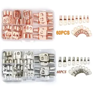 60PCS Tinned Copper SC Terminals Kit SC6-SC25 Ring Connectors for Bare Wire Crimped & Soldered Cable Connections