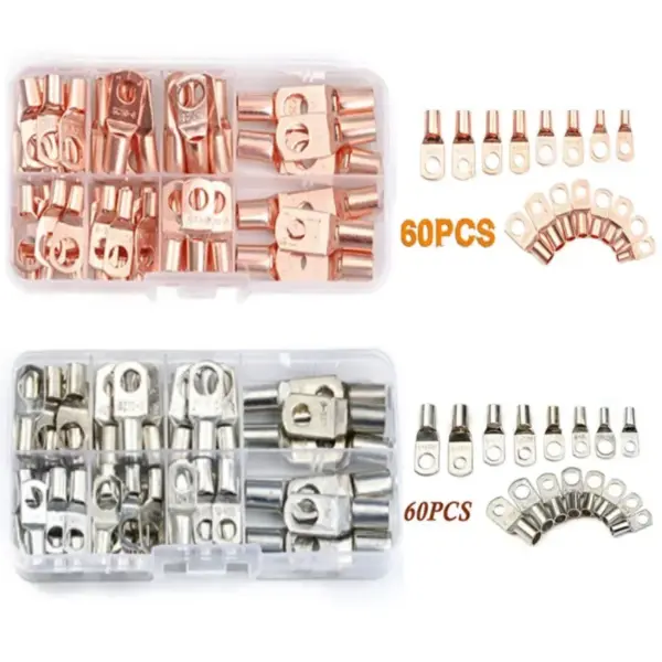 60PCS Tinned Copper SC Terminals Kit SC6-SC25 Ring Connectors for Bare Wire Crimped & Soldered Cable Connections