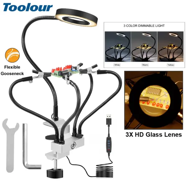 Helping Hands Soldering Tool with 3X LED Magnifying Lamp/Metal Circuit Board Holder/4 Flexible Metal Arms Electronic Repair Tool