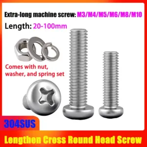 304 Extended Cross Round Head Screw Mechanical Screw Cross Recessed Pan Head Screw Nut washer spring clip set M3/M4/M5/M6/M8/M10