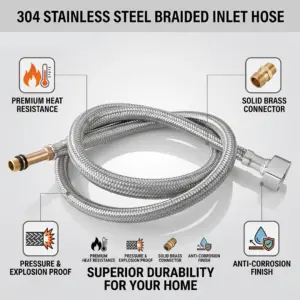 304 Stainless Steel Braided Inlet Hose, G1/2 Flexible Water Line with Brass Connector, Explosion-Proof Water Inlet Hose