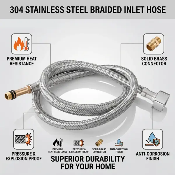 304 Stainless Steel Braided Inlet Hose, G1/2 Flexible Water Line with Brass Connector, Explosion-Proof Water Inlet Hose