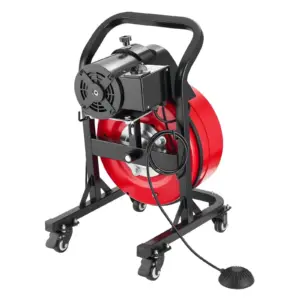 Drain Cleaner Machine 50 FT x 1/2 Inch, Manual Feed Sewer Snake Auger on Wheels - with 4 Cutters & Air-activated Foot Switch