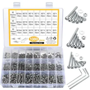 1080/1225pcs M2M3M4M5 Hex Socket Screw Set stainless steel/Carbon Steel Round cup cap Head Screws Nuts Washers Assortment Kit