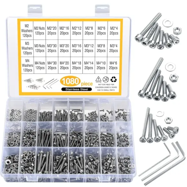 1080/1225pcs M2M3M4M5 Hex Socket Screw Set stainless steel/Carbon Steel Round cup cap Head Screws Nuts Washers Assortment Kit
