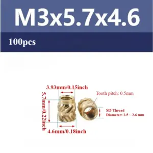 100pcs M3x5.7x4.6mm Thread Knurled Brass Threaded Heat Set Heat Resistant Insert Embedment Nut for 3D Printer accessories