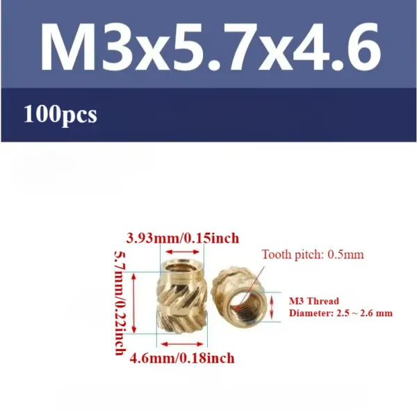 100pcs M3x5.7x4.6mm Thread Knurled Brass Threaded Heat Set Heat Resistant Insert Embedment Nut for 3D Printer accessories