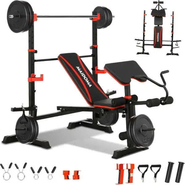 MAIDOMA 1500LBS 6 in 1 Weight Bench Set with Leg Extension/Curl and Preacher Curl, Bench Press Set and barbell Rack