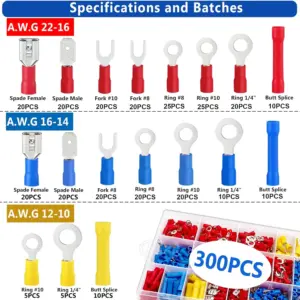 300PCS Wire Connector Kit Male Female Insulated Terminals Cold Crimp Terminals Assorted Crimp Terminals Spade