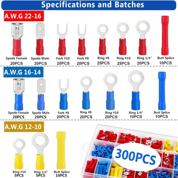 300PCS Wire Connector Kit Male Female Insulated Terminals Cold Crimp Terminals Assorted Crimp Terminals Spade