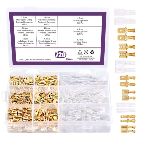720Pcs Gold 2.8/4.8/6.3mm Male and Female Spade Quick Connectors Wire Crimp Terminal Block with Insulating Sleeve Assortment Kit