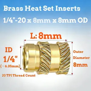 80pcs 1/4" Brass Threaded Inserts, UNC Knurled Nuts, 1/4"-20x8/10x8 Heat Set Insert for 3D Printing Components and Plastic Parts