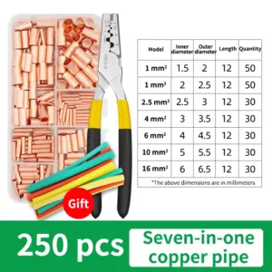 GT Copper Connecting Pipe Wire Joint Small Copper Tube Terminal Cable Lug Bootlace Ferrule Kit with Crimping Pliers Tool