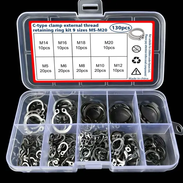 130-piece set of 9 sizes of C-clamp external retaining ring kit, 304 stainless steel coil shaft sorting kit, M5-M20 set.